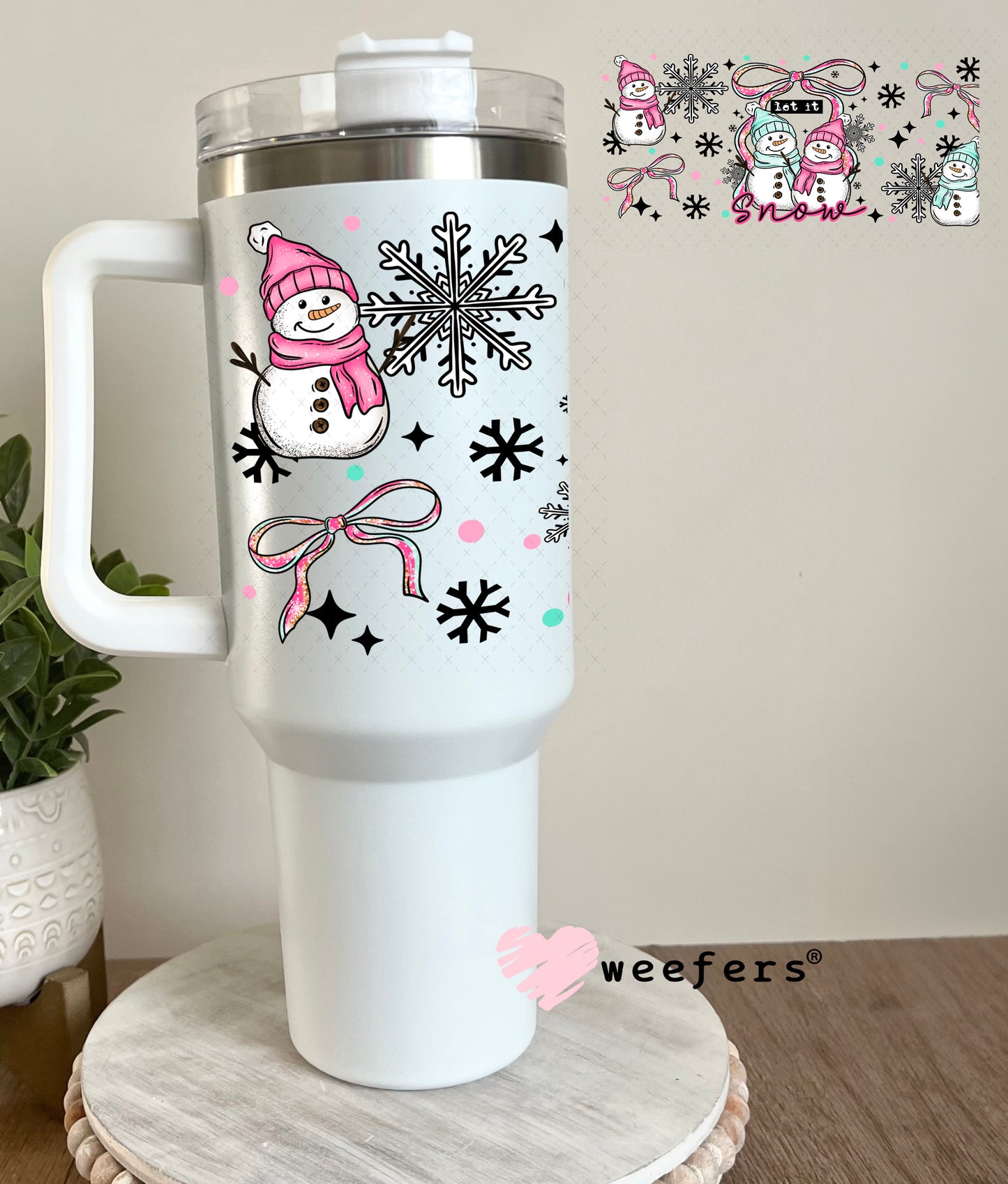 Let it Snow Pink and Blue Snowmen UV DTF Cup Wrap 40oz Tumbler Cup Wrap Weefers