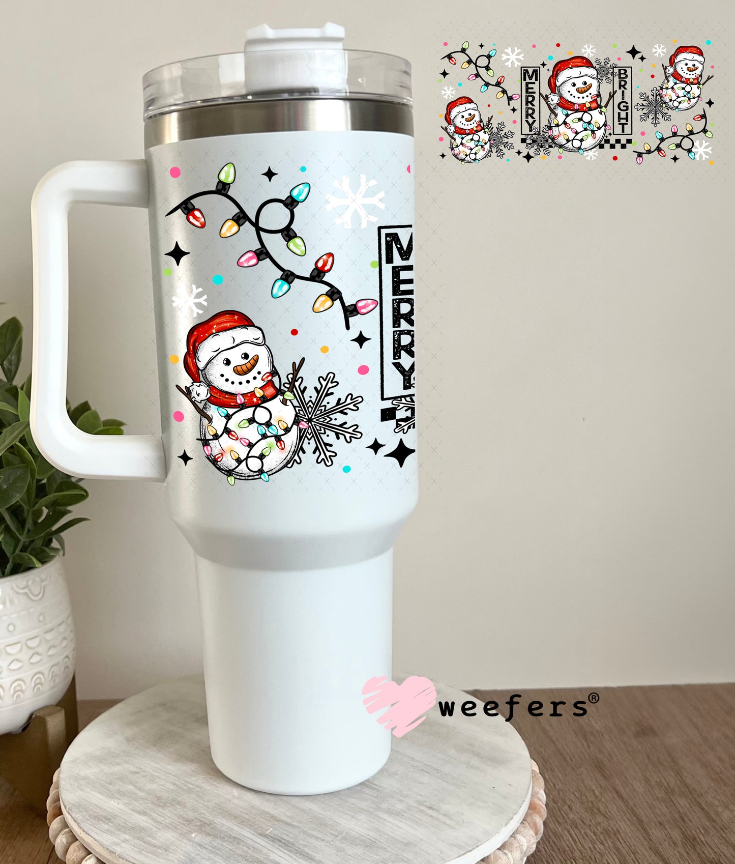 Merry Bright Tangled Lights Snowman UV DTF Cup Wrap 40oz Tumbler Cup Wrap Weefers