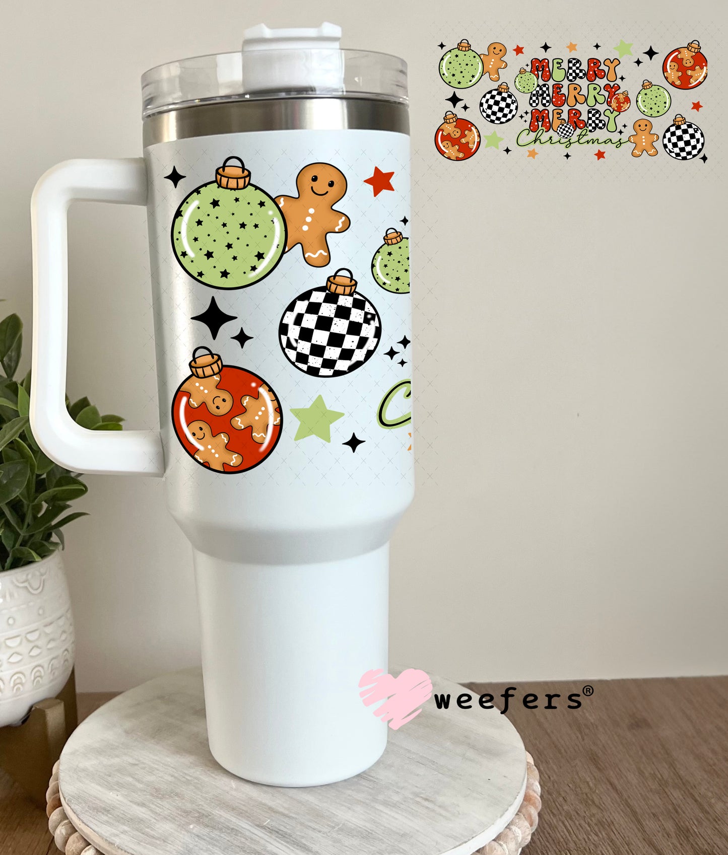Merry Merry Merry Christmas Gingerbread and Christmas Balls UV DTF Cup Wrap 40oz Tumbler Cup Wrap Weefers