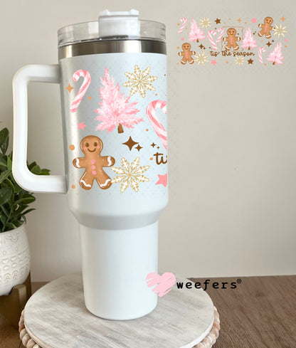 Tis the Season Pink Christmas Gingerbread and Trees UV DTF Cup Wrap 40oz Tumbler Cup Wrap Weefers