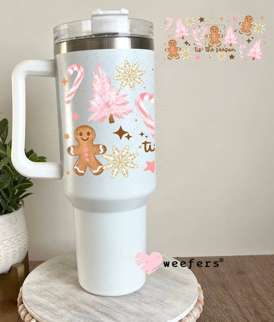 Tis the Season Pink Christmas Gingerbread and Trees UV DTF Cup Wrap 40oz Tumbler Cup Wrap Weefers