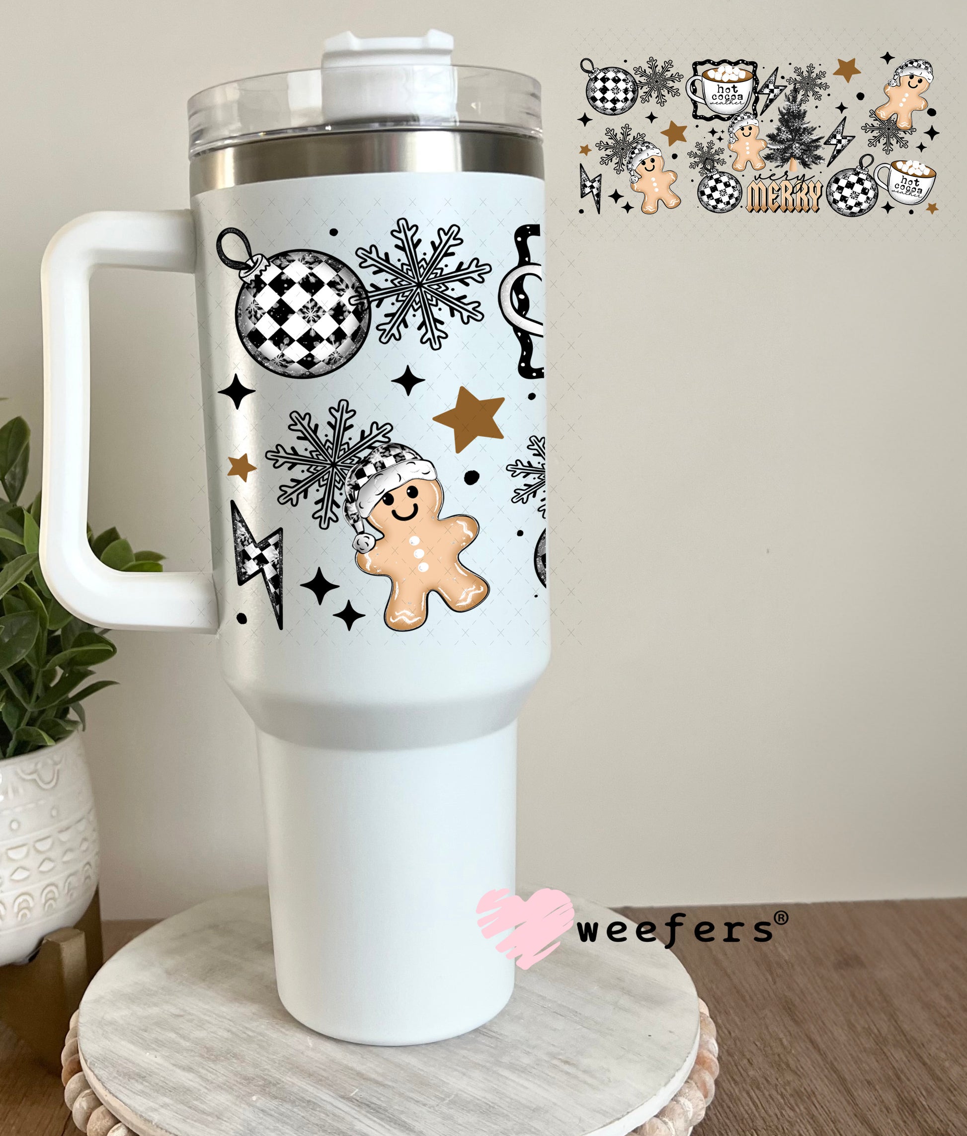 Black and White Checkered Christmas Gingerbread UV DTF Cup Wrap 40oz Tumbler Cup Wrap Weefers
