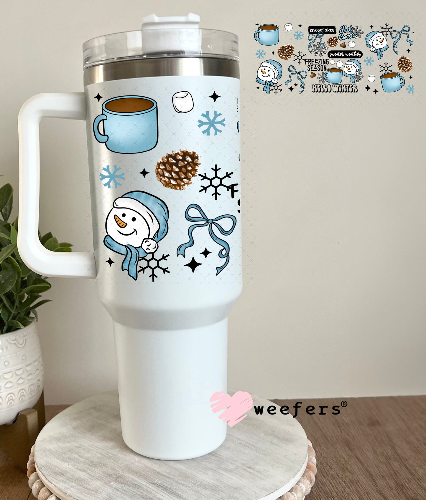 Hello Winter Blue Smiley Snowmen UV DTF Cup Wrap 40oz Tumbler Cup Wrap Weefers