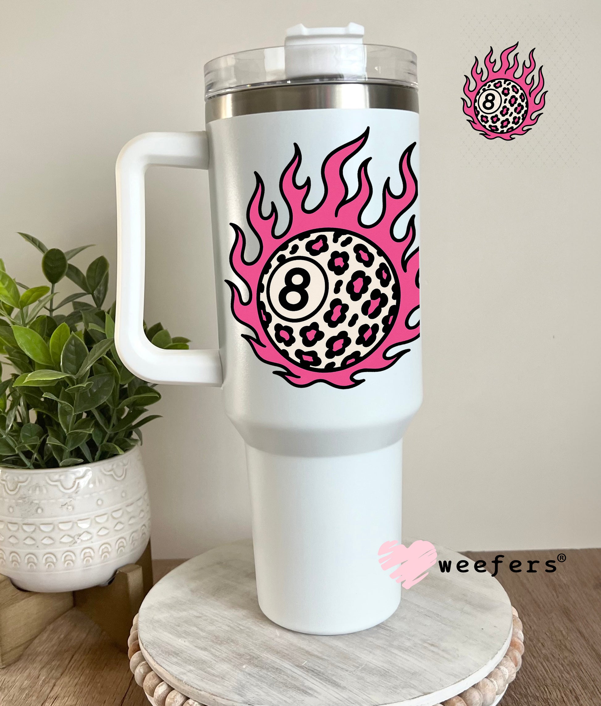 UV DTF Decal - Pink Flame Cheetah 8 Ball 40oz Tumbler Decal Weefers