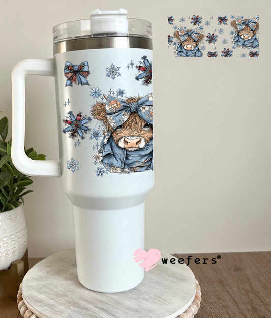 UV DTF Cup Wrap – Blue Christmas Highland Cow - Weefers Exclusive 40oz Tumbler Wrap Weefers