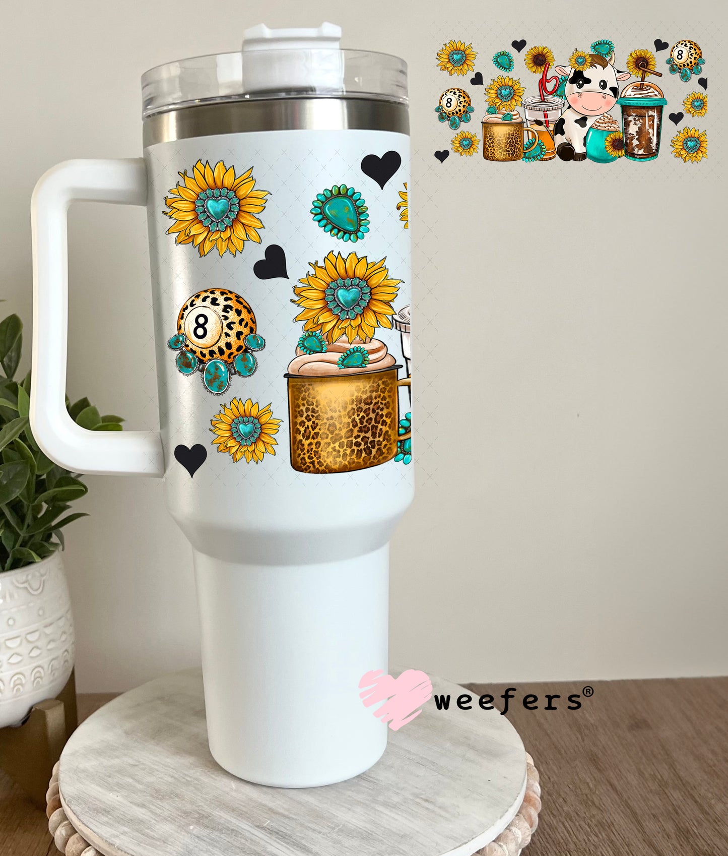 UV DTF Cup Wrap – Cow Coffee and Sunflowers- Weefers Exclusive 40oz Tumbler Cup Wrap Weefers