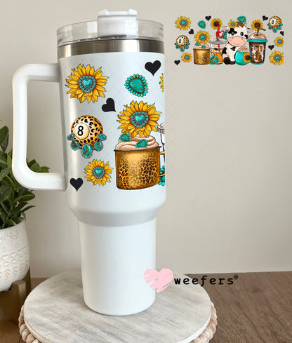 UV DTF Cup Wrap – Cow Coffee and Sunflowers- Weefers Exclusive 40oz Tumbler Cup Wrap Weefers