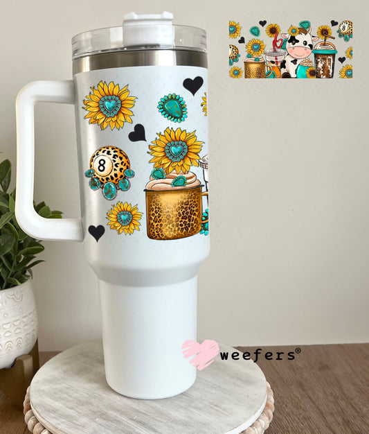 UV DTF Cup Wrap – Cow Coffee and Sunflowers- Weefers Exclusive 40oz Tumbler Wrap Weefers