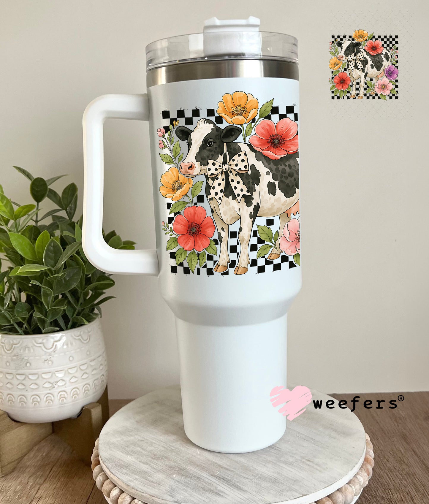 UV DTF Decal - Checkered Flower Cow 40oz Tumbler Cup Wrap Weefers