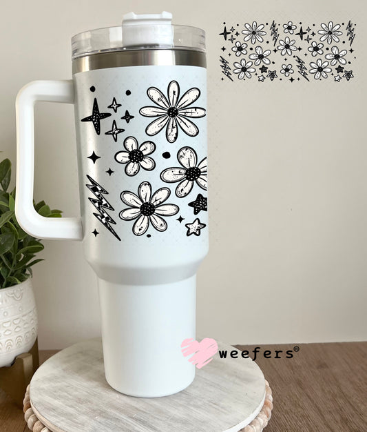 UV DTF Cup Wrap – Flowers White and Black 40oz Tumbler Cup Wrap Weefers