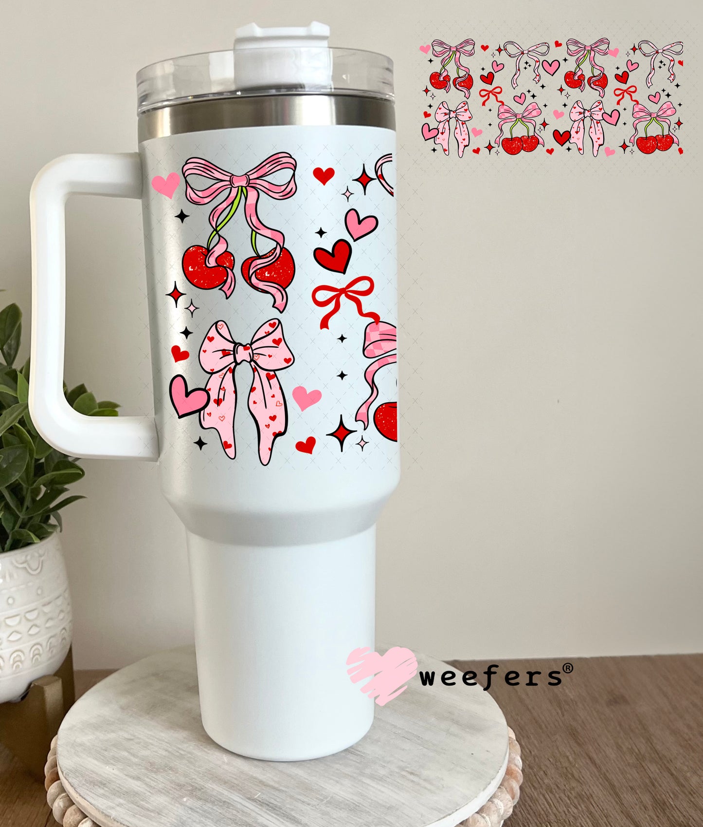UV DTF Cup Wrap – Cherry Heart Bows 40oz Tumbler Cup Wrap Weefers
