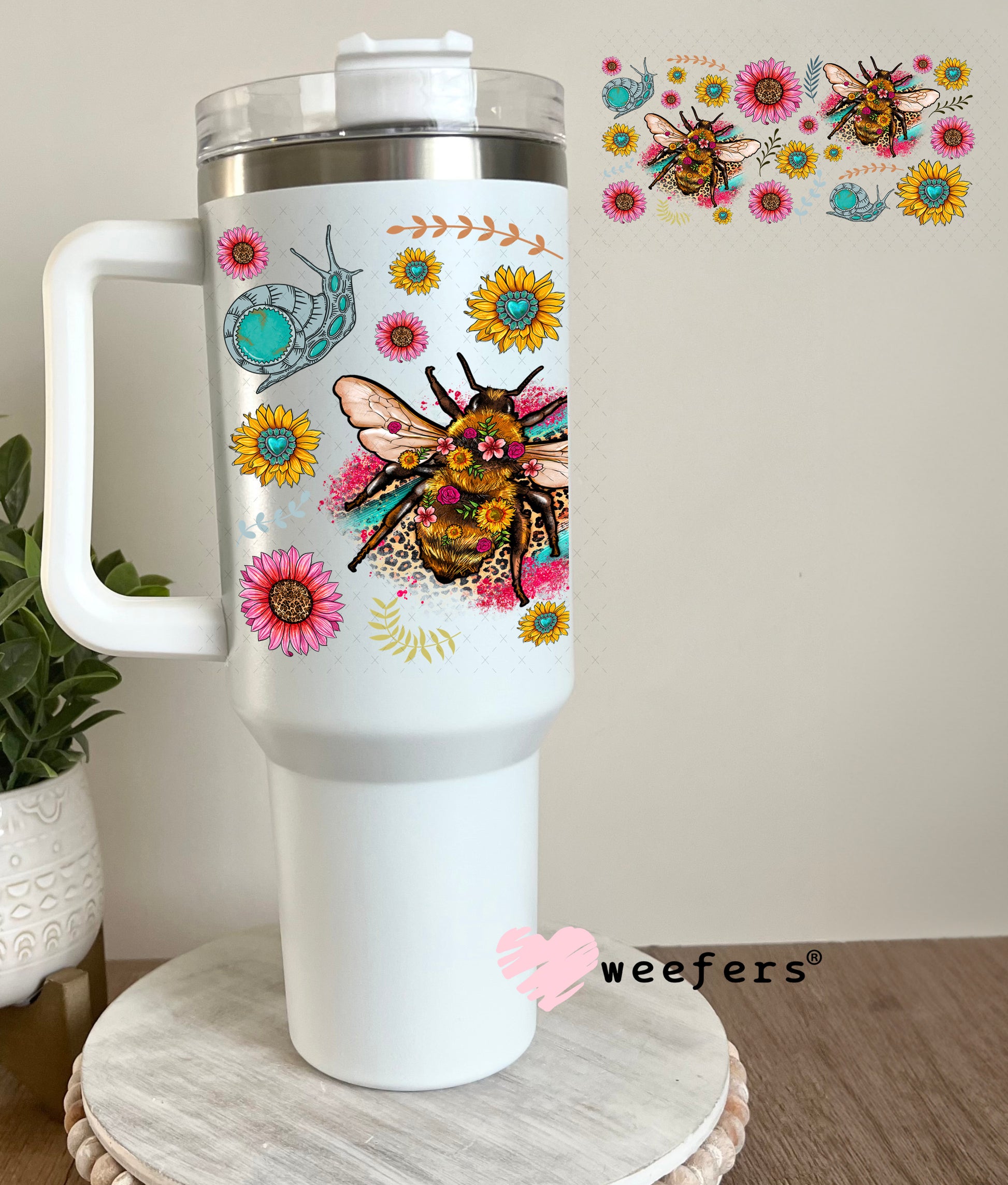 UV DTF Cup Wrap – Whimsical Pink Teal Bees - Weefers Exclusive 40oz Tumbler Cup Wrap Weefers