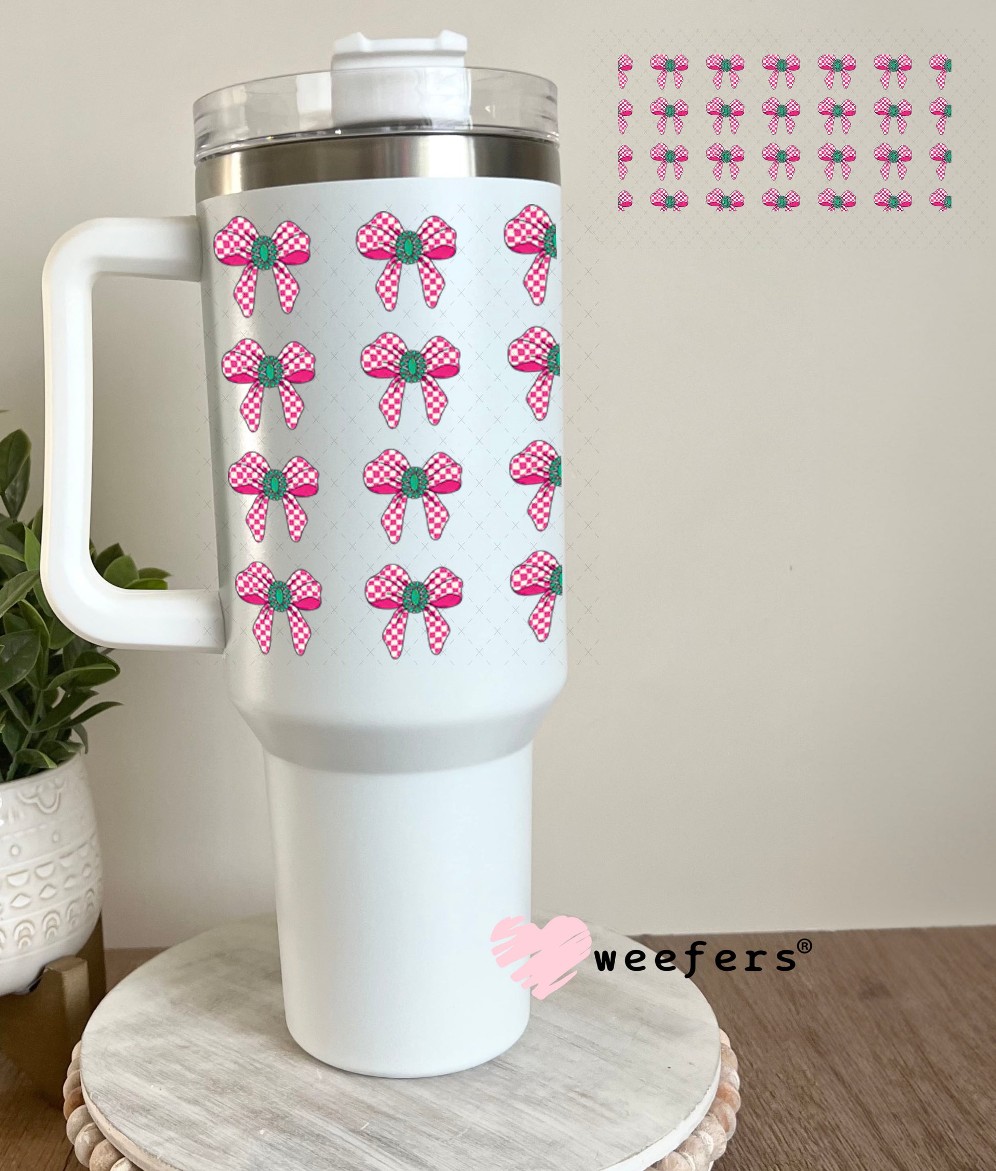 UV DTF Cup Wrap – Western Pink Checkered Bow Elements - Weefers Exclusive 40oz Tumbler Wrap Weefers