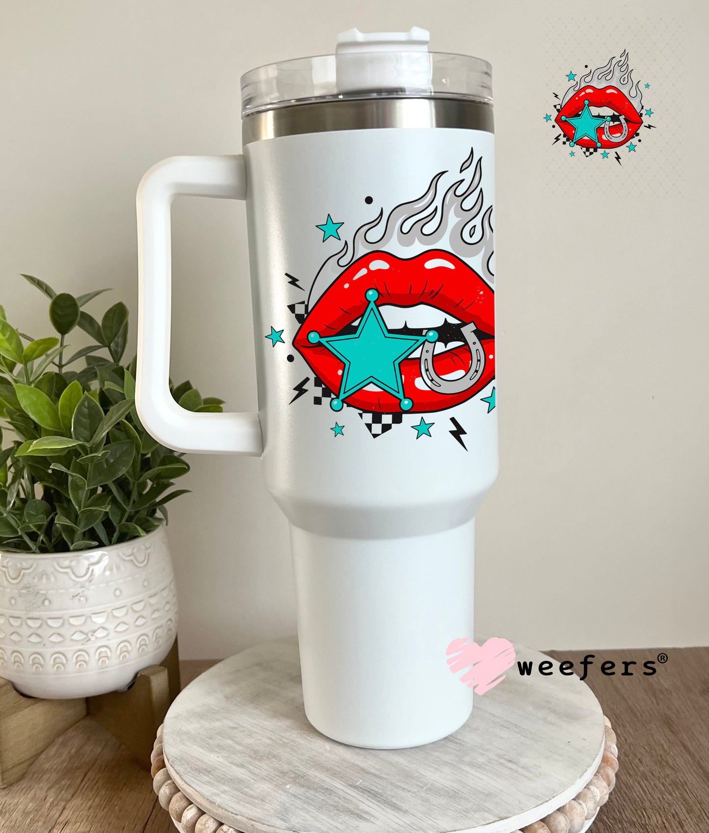 UV DTF Decal - Flame Lips Teal Red 40oz Tumbler Cup Wrap Weefers