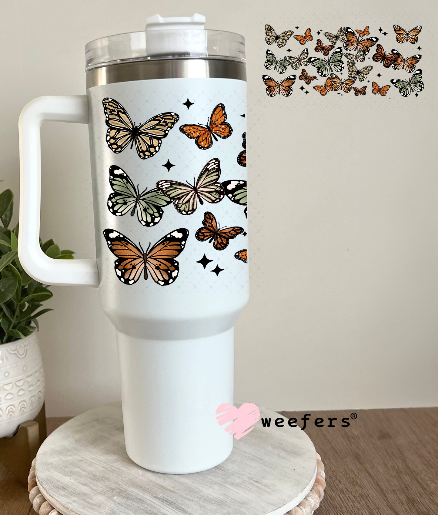 UV DTF Cup Wrap – Butterflies Green and Rust 40oz Tumbler Cup Wrap Weefers