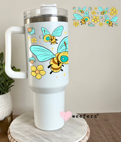 UV DTF Cup Wrap – Whimsical Teal and Yellow Bees 40oz Tumbler Cup Wrap Weefers