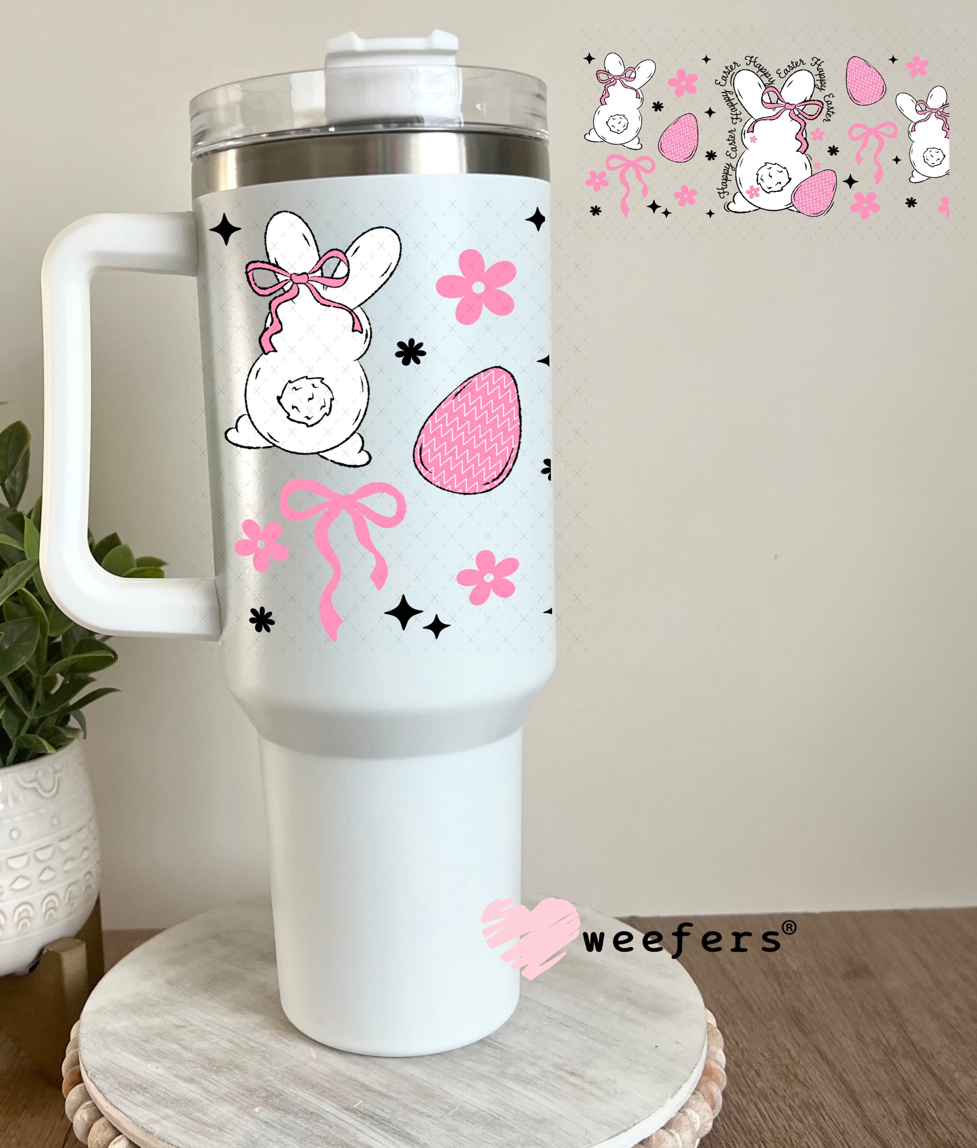 UV DTF Cup Wrap – Happy Easter Bunny Pink and White 40oz Tumbler Cup Wrap Weefers
