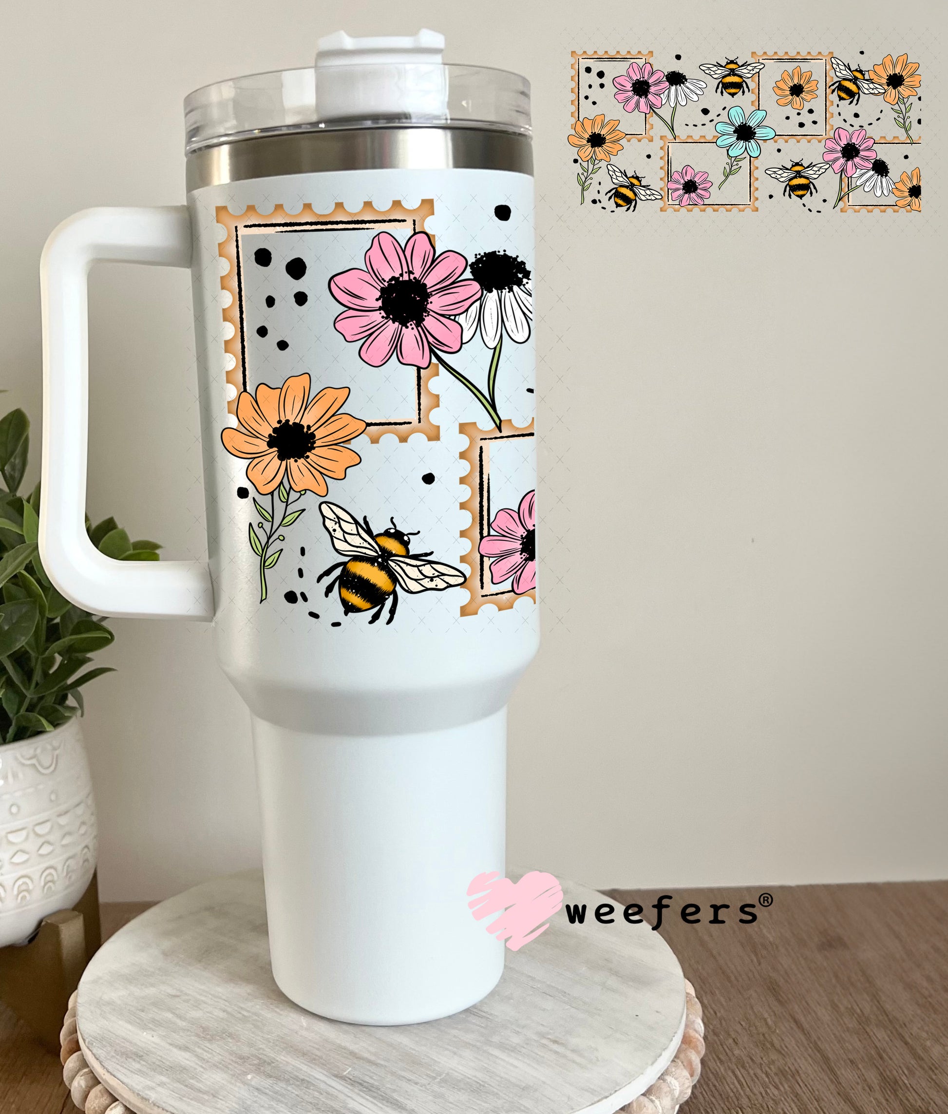 UV DTF Cup Wrap – Wild Flowers and Bees Pink and Teal 40oz Tumbler Cup Wrap Weefers