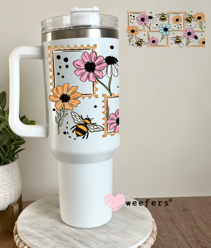 UV DTF Cup Wrap – Wild Flowers and Bees Pink and Teal 40oz Tumbler Cup Wrap Weefers