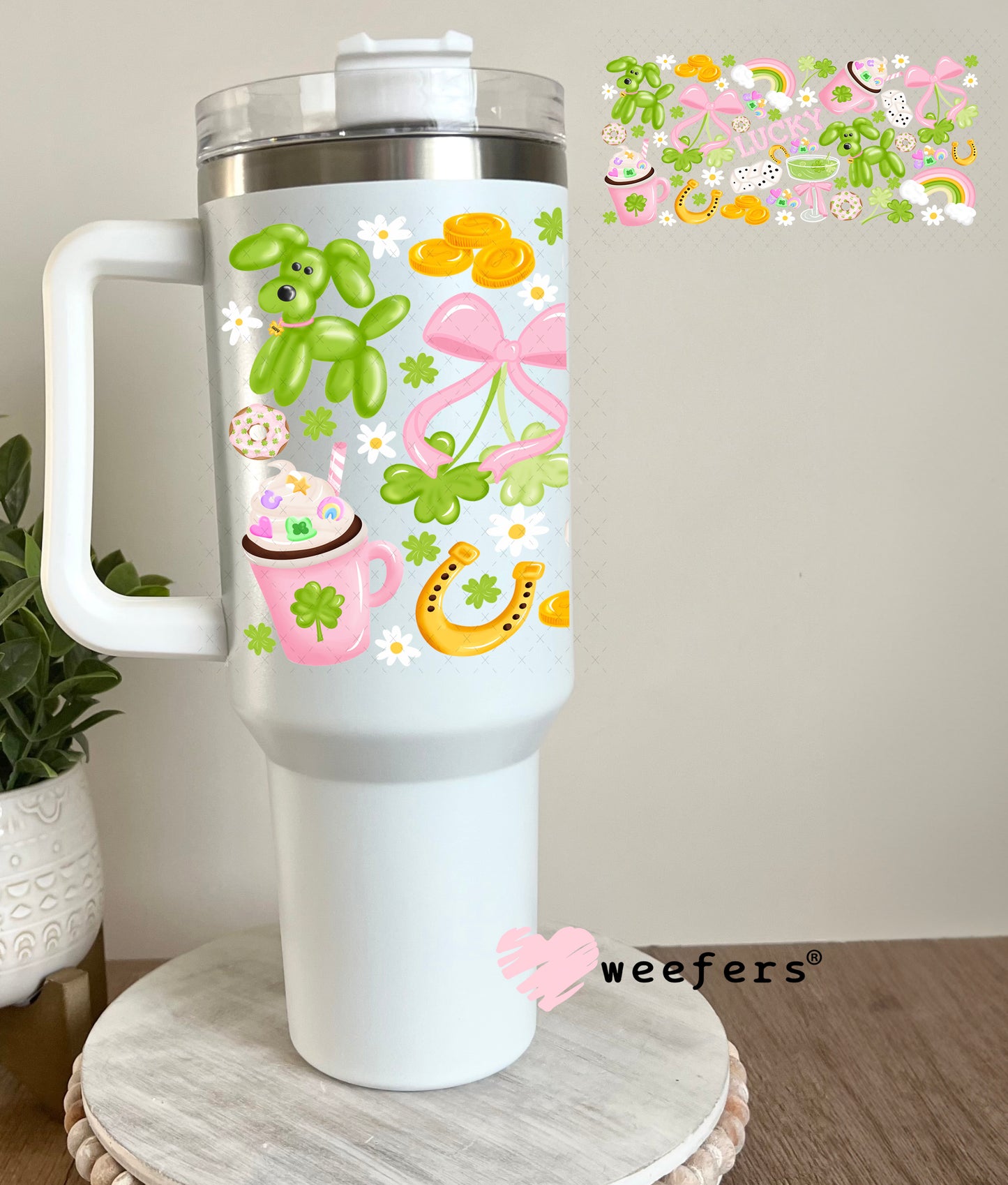 UV DTF Cup Wrap – Lucky Green and Pink Balloon Dog 40oz Tumbler Cup Wrap Weefers