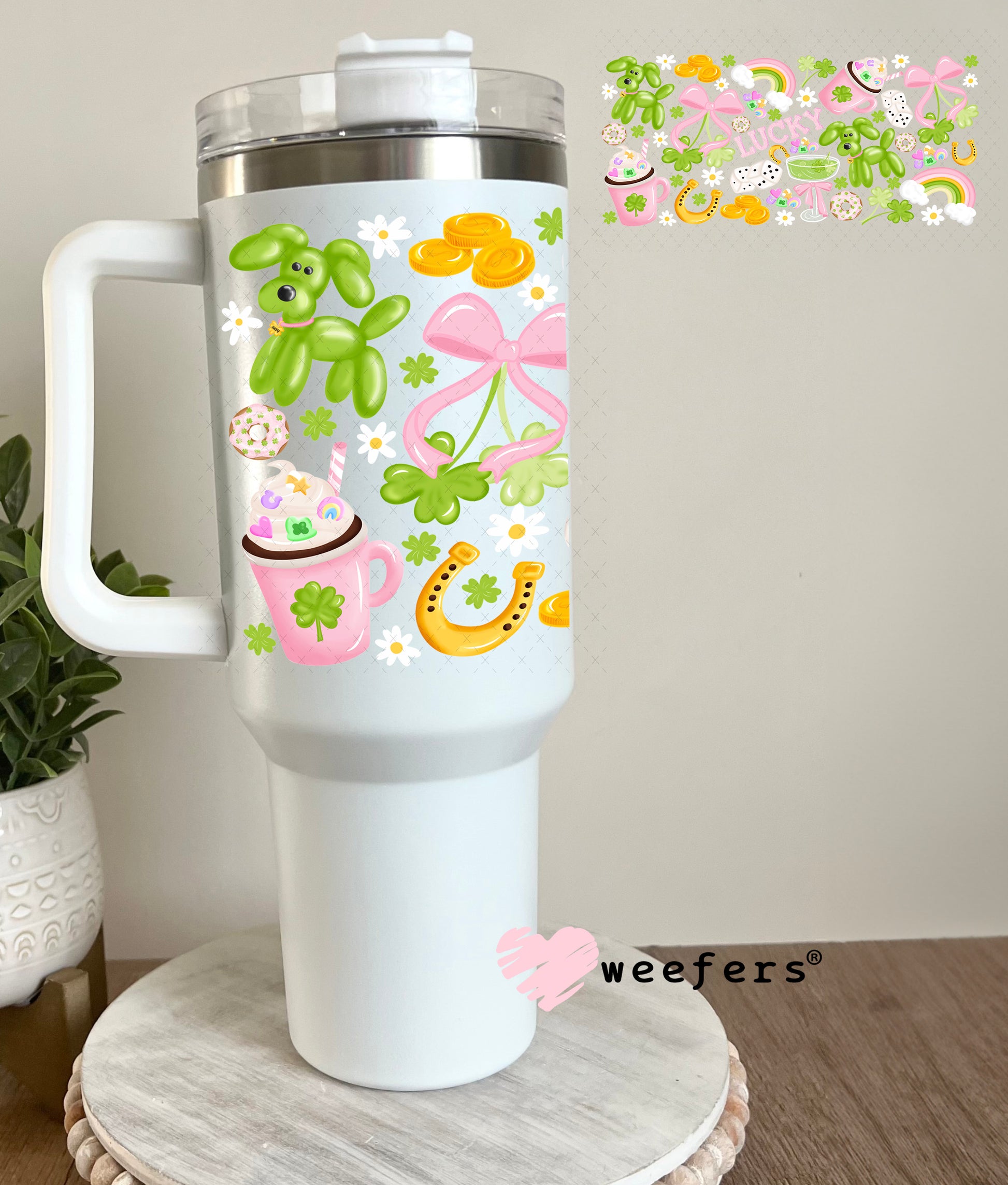 UV DTF Cup Wrap – Lucky Green and Pink Balloon Dog 40oz Tumbler Cup Wrap Weefers