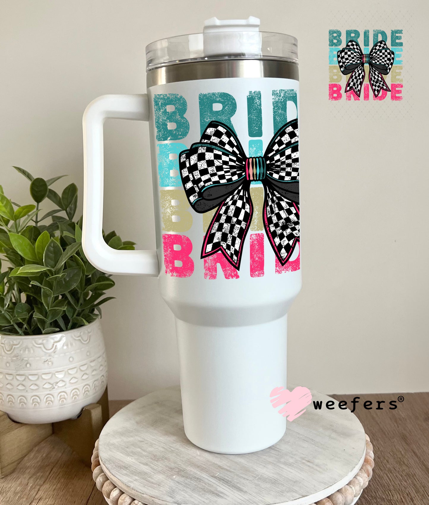 UV DTF Decal - Bride Checkered Bow Black and White 40oz Tumbler Decal Weefers
