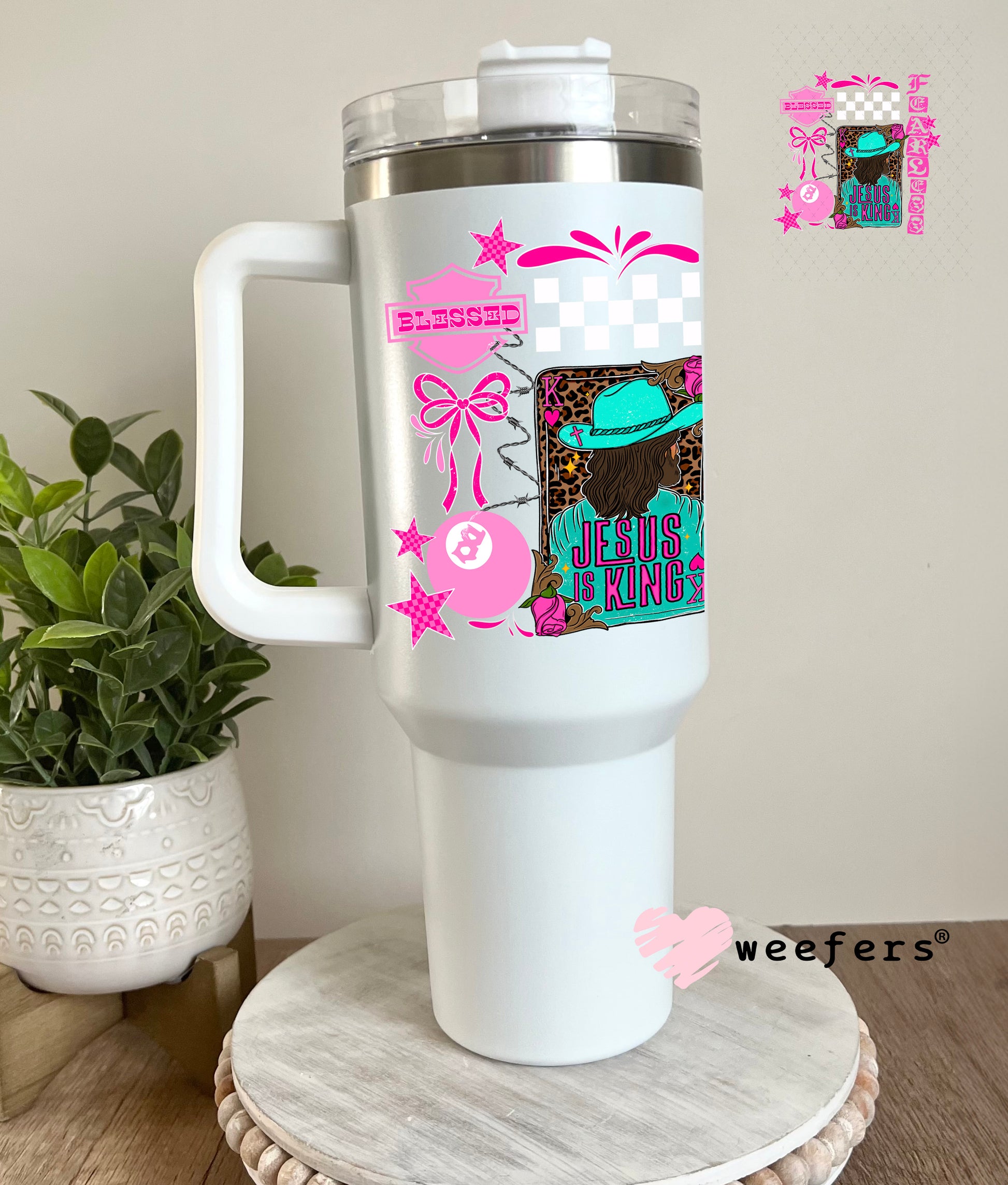 UV DTF Decal - Jesus is King Teal and Hot Pink 40oz Tumbler Decal Weefers