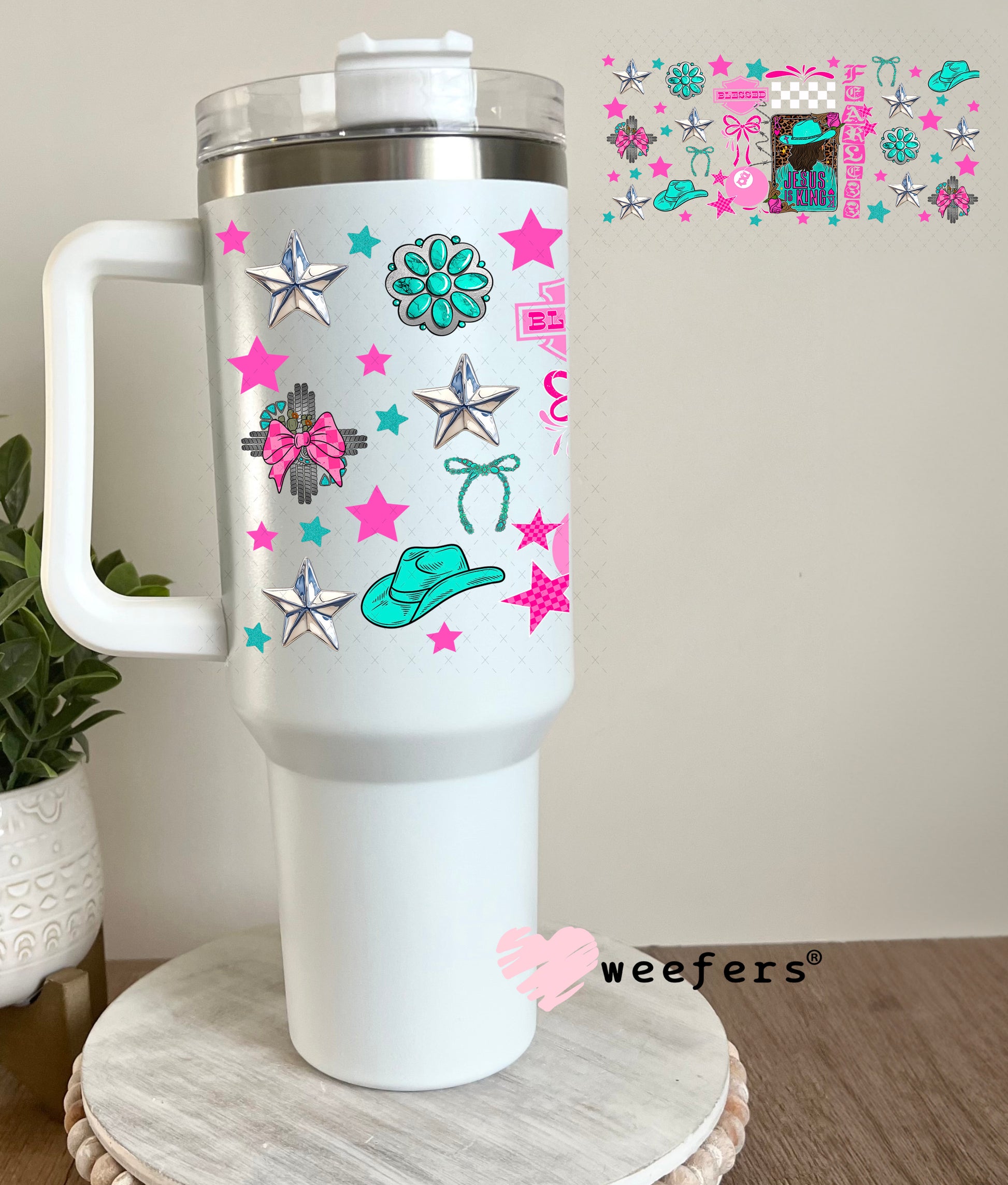 UV DTF Cup Wrap – Jesus is King Teal and Hot Pink - Weefers Exclusive 40oz Tumbler Cup Wrap Weefers