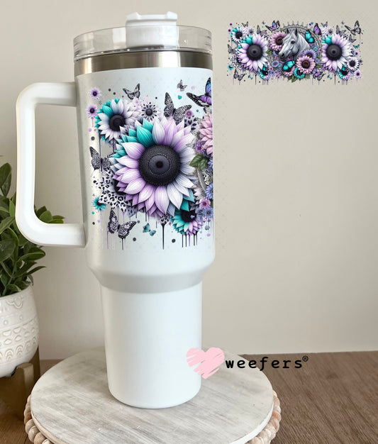 UV DTF Cup Wrap – Horse Teal and Lilac Sunflowers 40oz Tumbler Cup Wrap Weefers