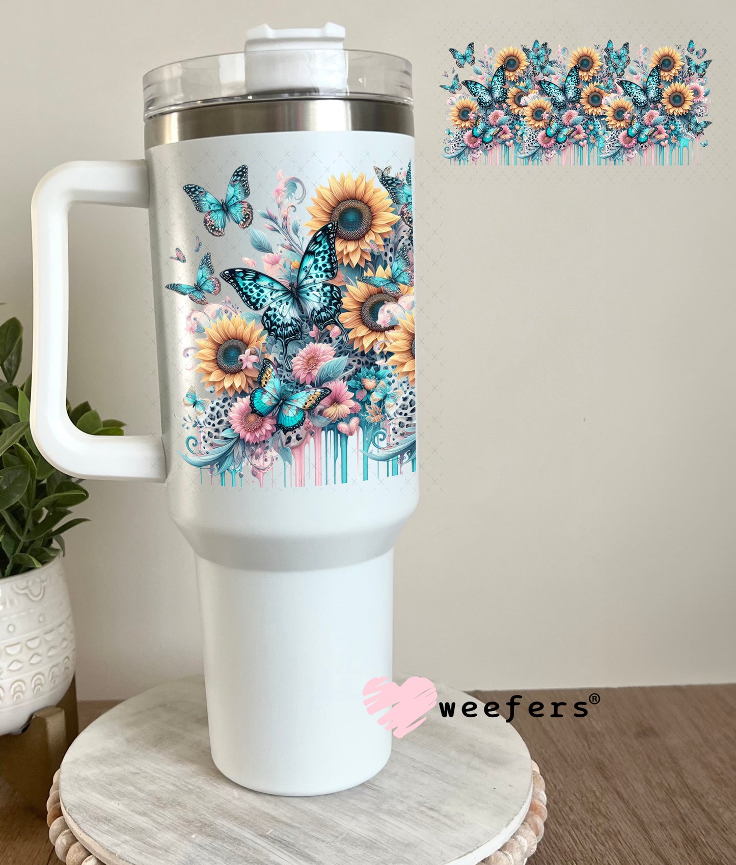 UV DTF Cup Wrap – Teal Pink Butterflies and Sunflowers