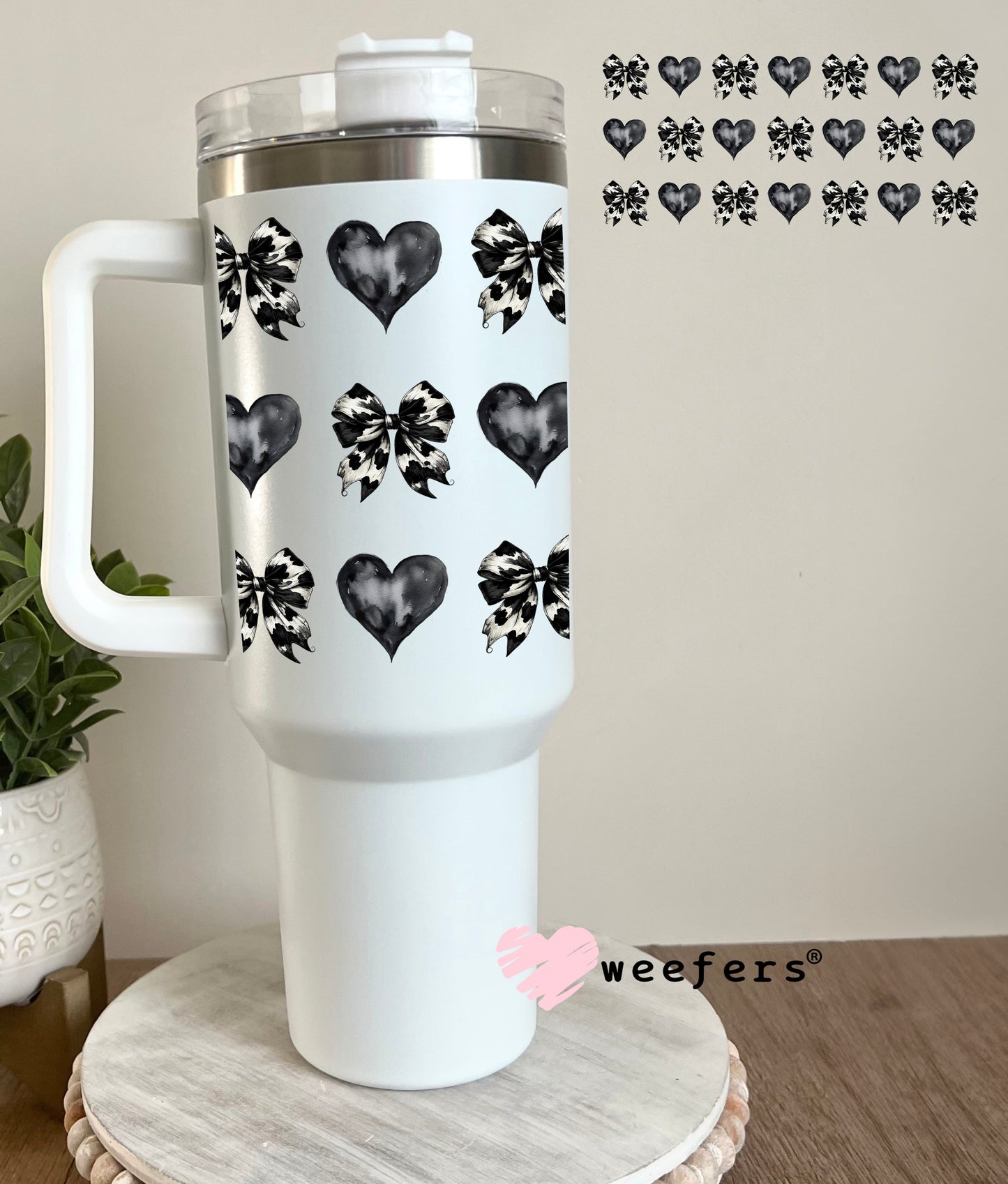 Black Cow Print Bows and Black Hearts UV DTF Cup Wrap