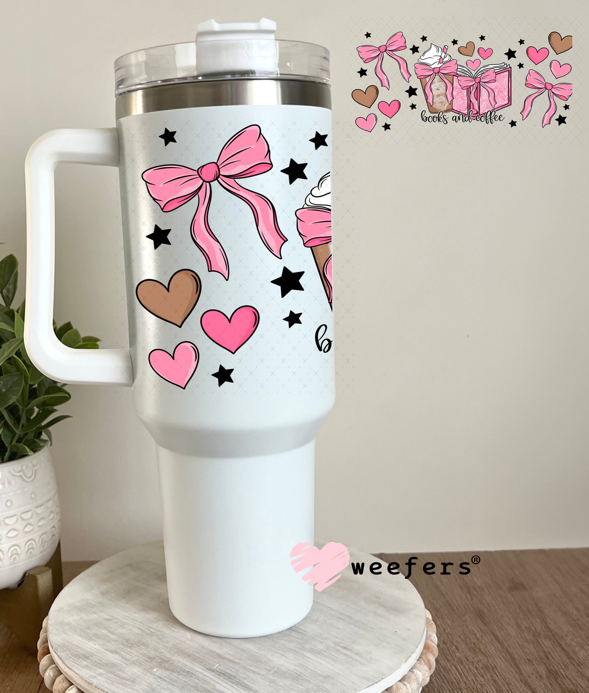 UV DTF Cup Wrap – Books and Coffee Pink and Brown 40oz Tumbler Cup Wrap Weefers