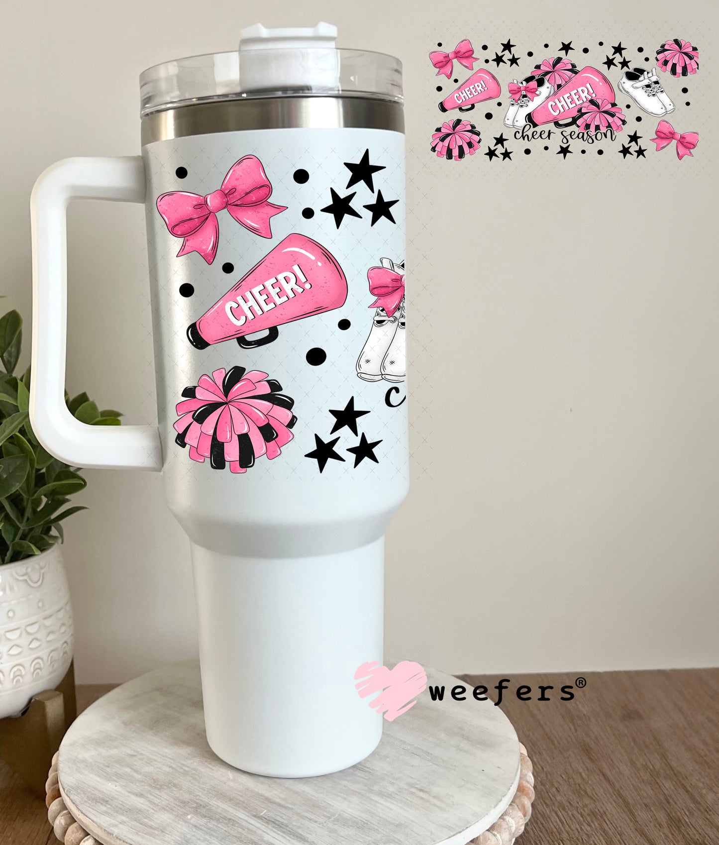 UV DTF Cup Wrap – Cheer Pink Black and White 40oz Tumbler Cup Wrap Weefers