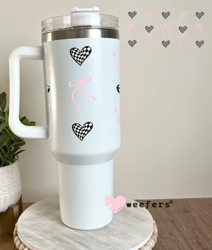 Coquette Pink Bows and Black Checkered Hearts UV DTF 40oz Tumbler Cup Wrap