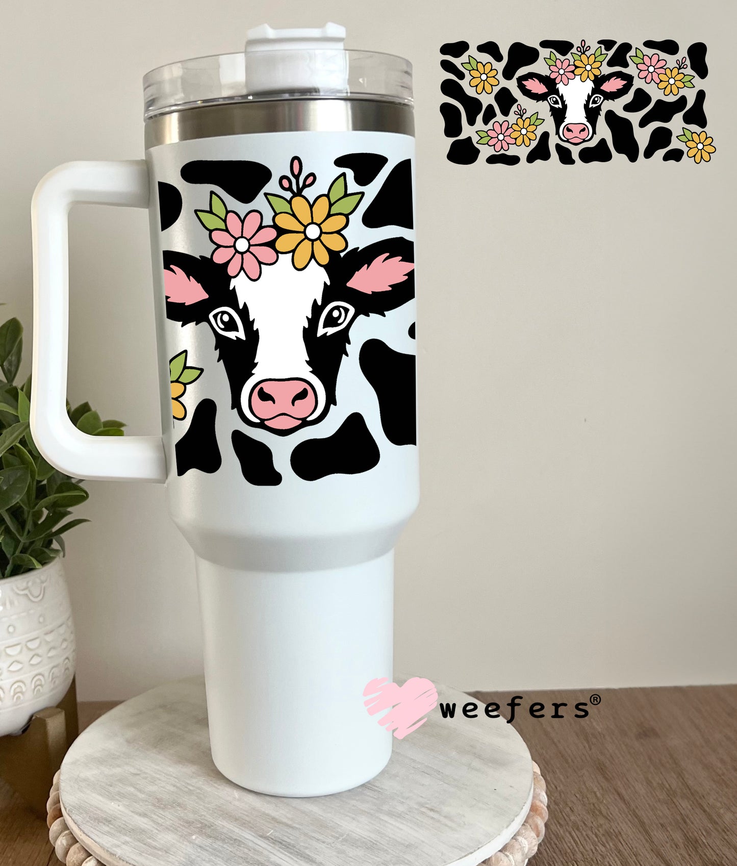 Dairy Cow Black Print with Flowers UV DTF Cup Wrap - Weefers