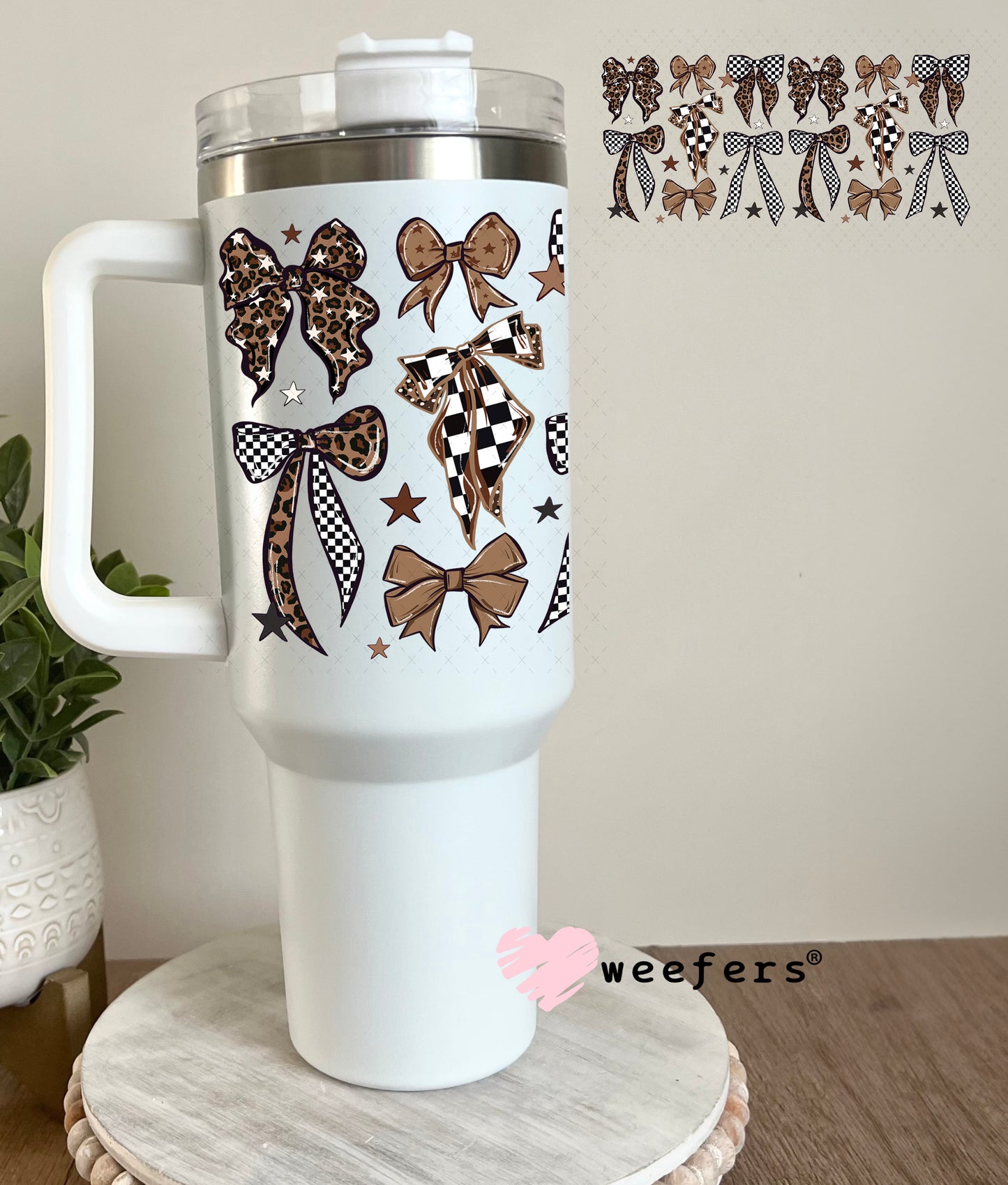 UV DTF Cup Wrap – Brown Leopard Checkered Bows 40oz Tumbler Cup Wrap Weefers
