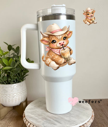 UV DTF Decal - Brown Cowgirl Cow Boba 40oz Tumbler Decal Weefers