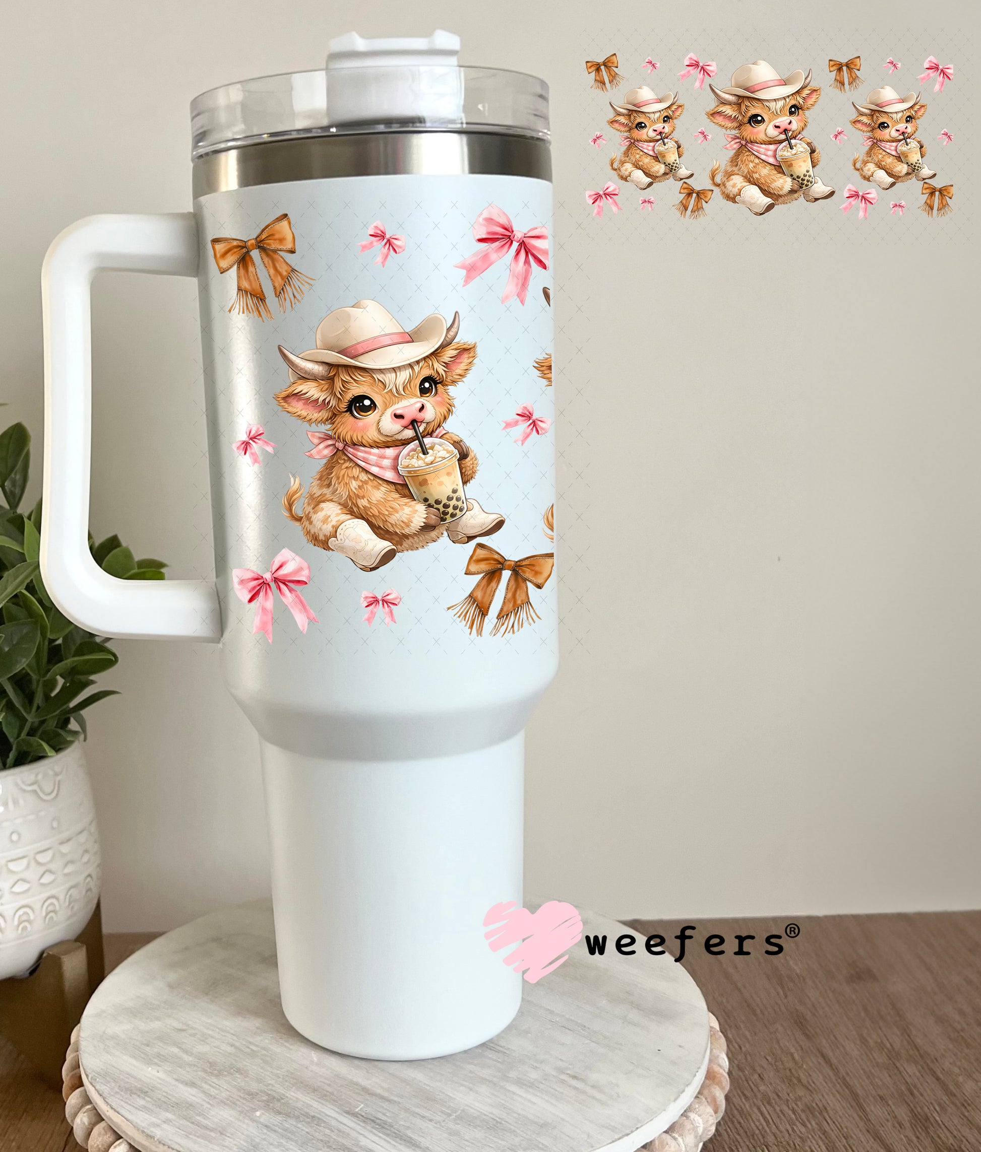 UV DTF Cup Wrap – Brown Cowgirl Highland Cow Boba - Weefers Exclusive 40oz Tumbler Cup Wrap Weefers