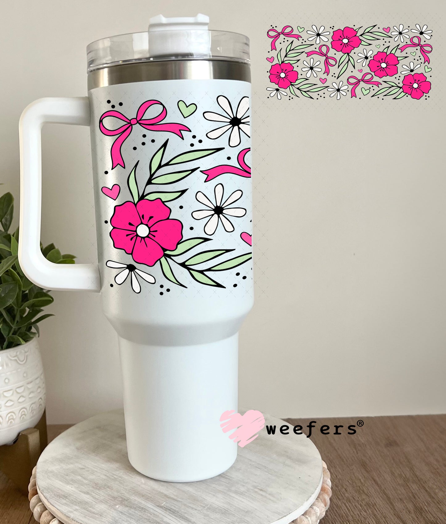 UV DTF Cup Wrap – Magenta Flowers Coquette Bows 40oz Tumbler Cup Wrap Weefers