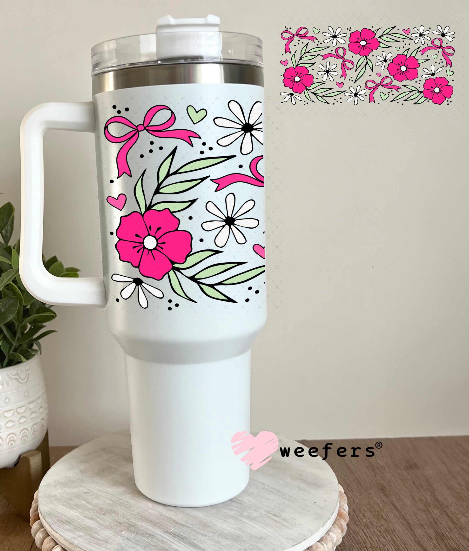 UV DTF Cup Wrap – Magenta Flowers Coquette Bows 40oz Tumbler Cup Wrap Weefers