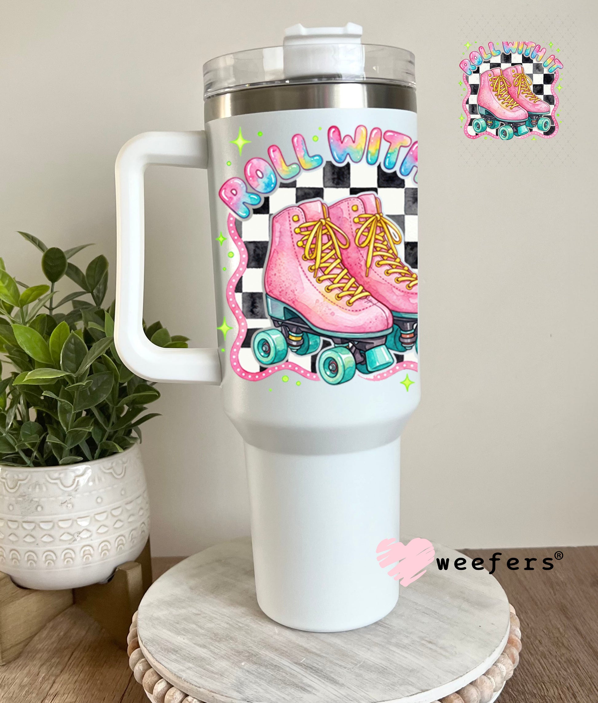 UV DTF Decal - Roll With It Light Pink Blue Skates 40oz Tumbler Decal Weefers