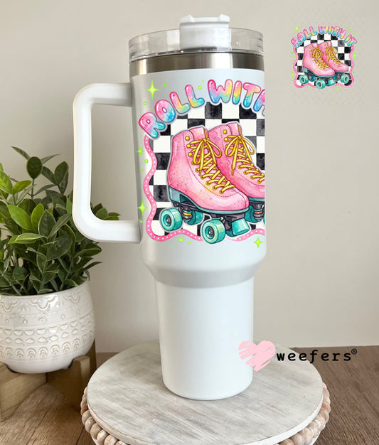 UV DTF Decal - Roll With It Light Pink Blue Skates 40oz Tumbler Decal Weefers