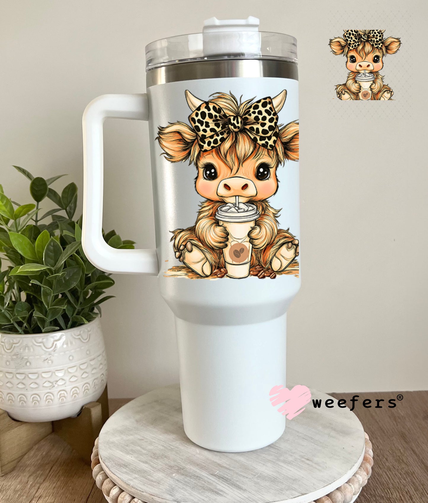 UV DTF Decal - Cutie Cow Leopard Bow Iced Coffee 40oz Tumbler Decal Weefers