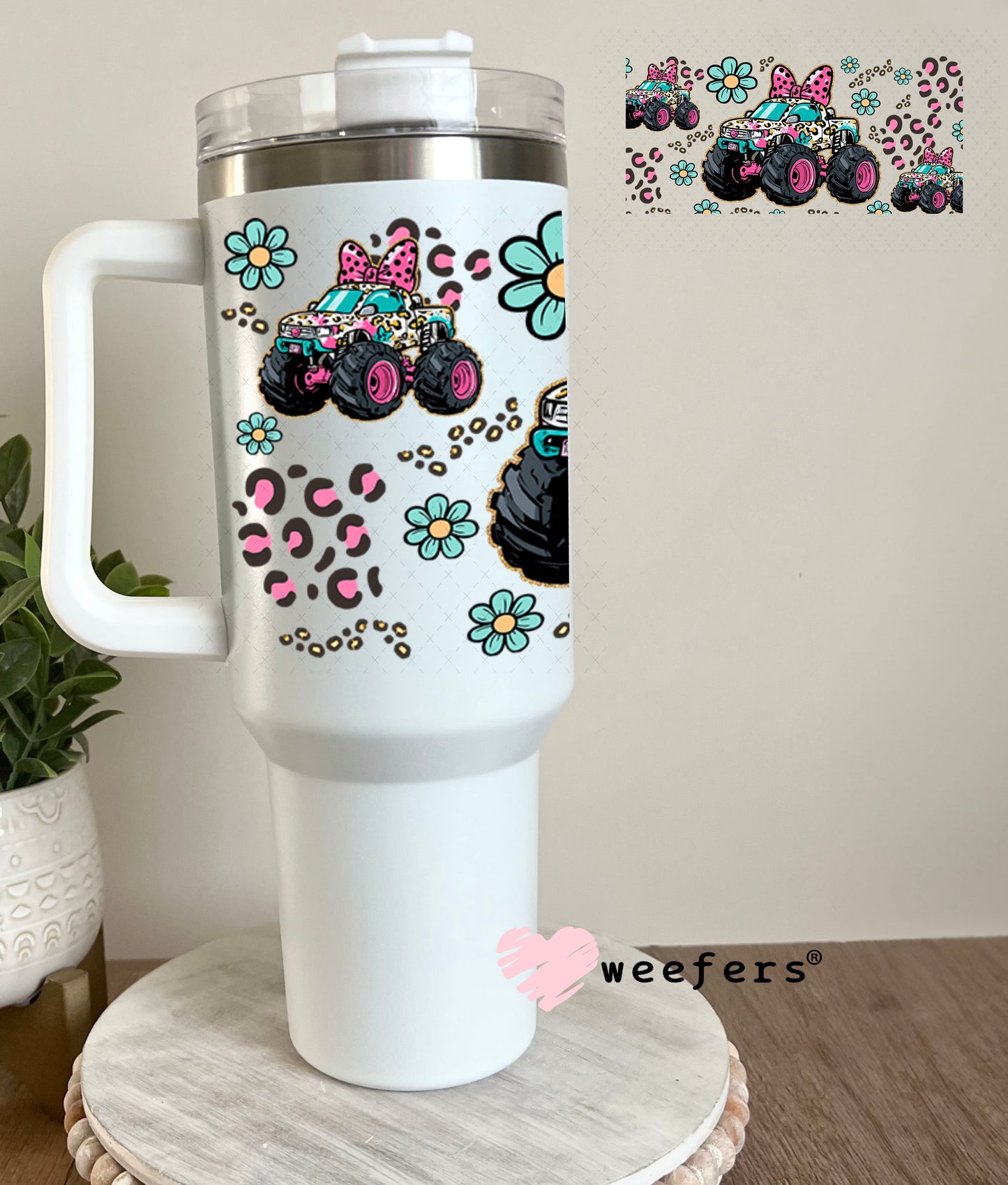 UV DTF Cup Wrap – Girly Leopard Monster Truck - Weefers Exclusive 40oz Tumbler Cup Wrap Weefers