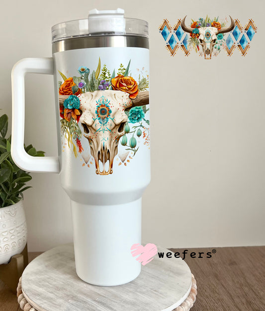 Aztec Blue Rust Cow Skull Western UV DTF 40oz Tumbler Cup Wrap