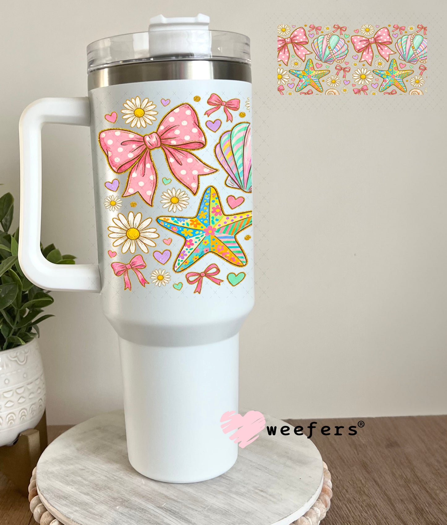UV DTF Cup Wrap – Pastel Seashells and Bows 40oz Tumbler Cup Wrap Weefers