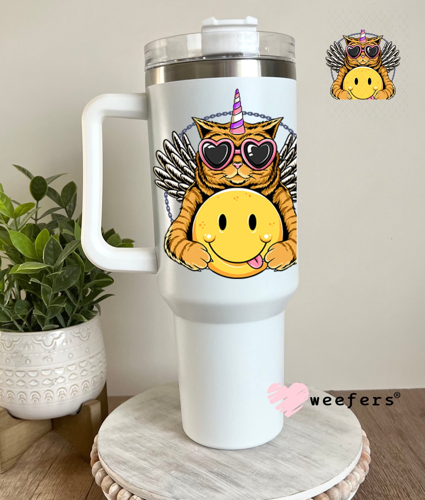 UV DTF Decal - Cat Hugging Smiley Face 40oz Tumbler Decal Weefers