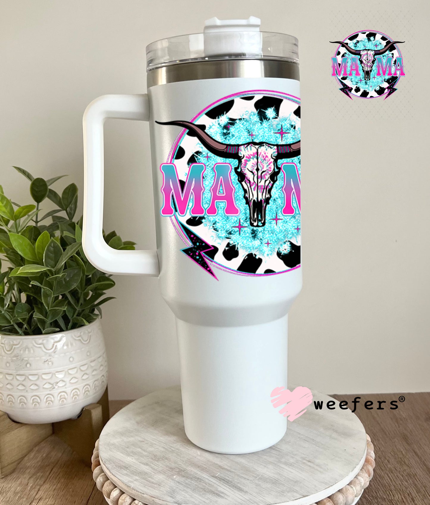 UV DTF Decal - Mama Cow Skull Teal and Pink 40oz Tumbler Decal Weefers