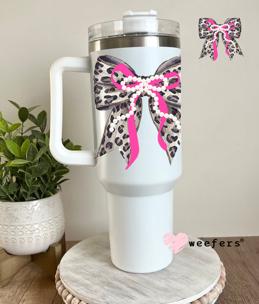 UV DTF Decal - Black Pink Pearl Leopard Bow 40oz Tumbler Decal Weefers