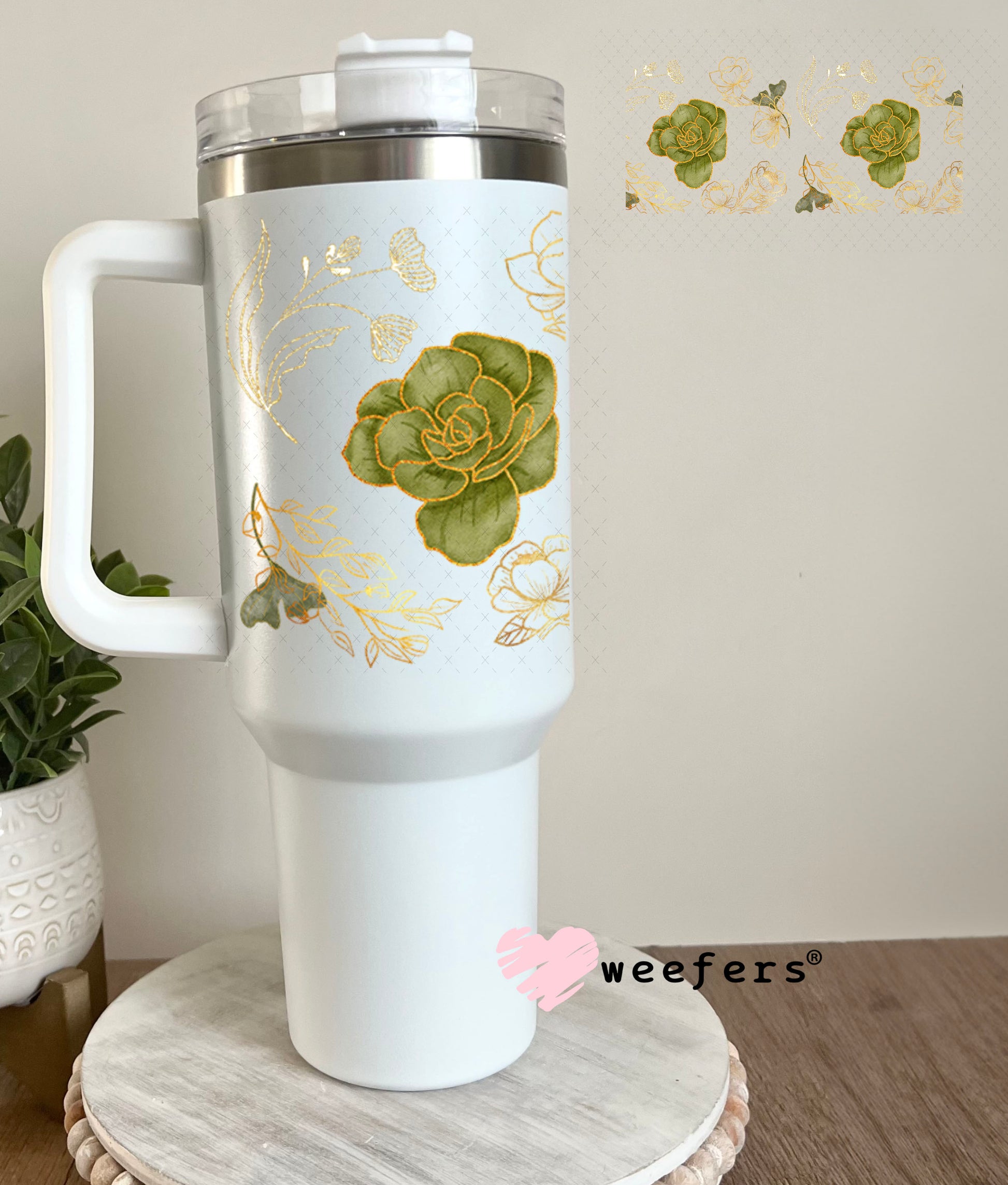 UV DTF Cup Wrap – Gold and Green Roses 40oz Tumbler Cup Wrap Weefers